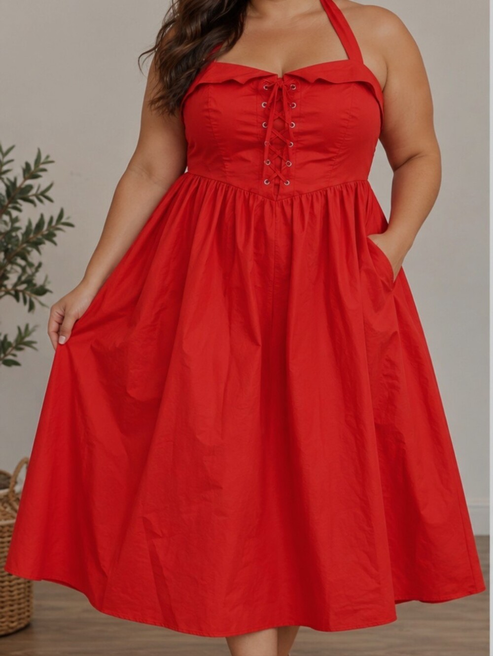 Fashion Nova Vibrant Red Halter Lace-Up Corset Bodice Cotton Women Dress XL